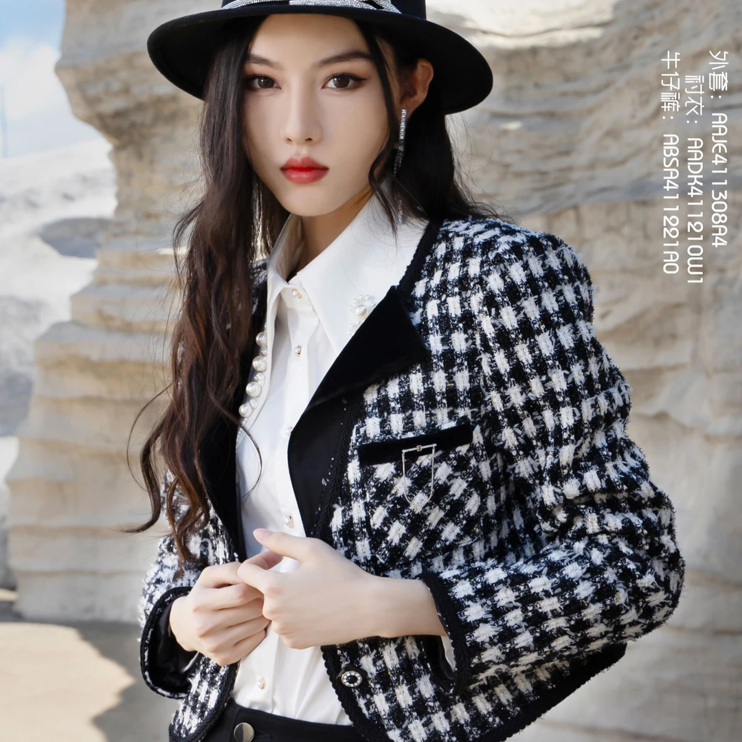 BAISI/百丝外套黑格AAJE411308A4小香风气质短款时尚复古千鸟格