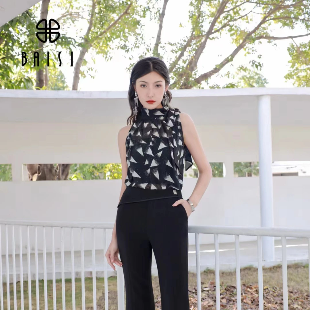 BAISI/百丝AAVK404116A6黑花上衣女士夏季时尚气质挂脖雪纺衫无袖