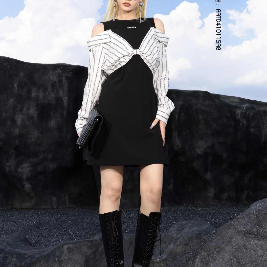 BAISI/百丝连衣裙黑白AATD410115A8显瘦气质长袖黑色拼接设计感
