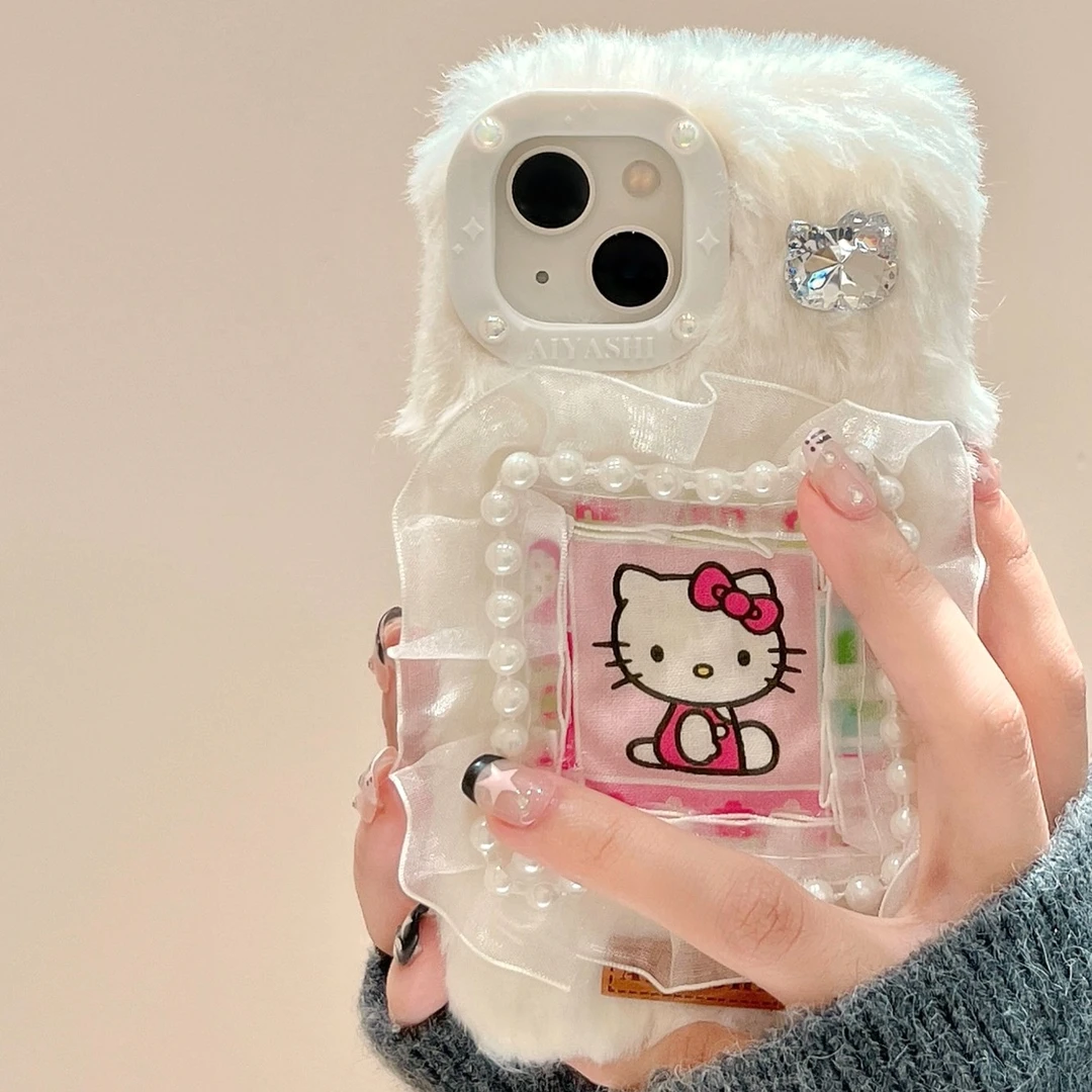 适用立体毛绒珍珠kt猫iphone15手机壳苹果13新款14promax防摔女款