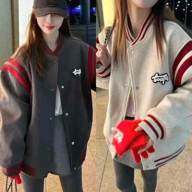 新年红秋冬新款韩系休闲宽松潮牌拼色保暖加厚保暖棒球服外套