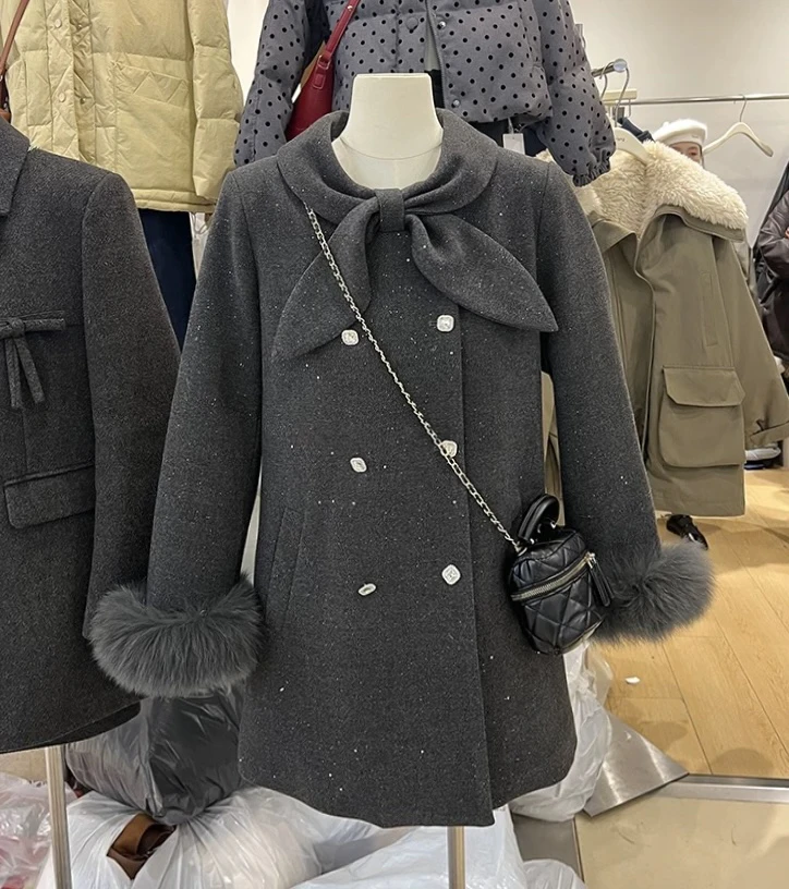 【星光璀璨】冬新款气质甜美千金风蝴蝶结领加厚毛呢大衣外套送毛袖