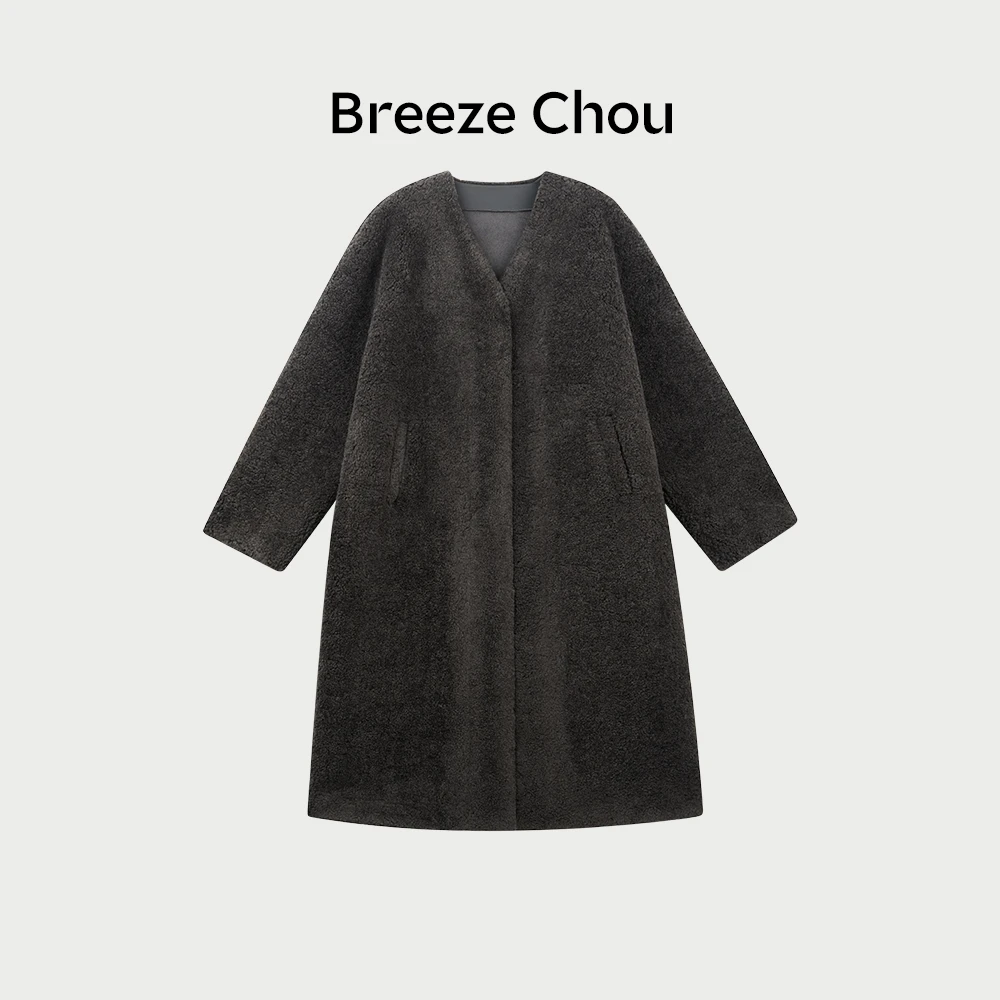 Breeze Chou 颗粒绒V领大衣设计师秋冬中长款简约DJ32029