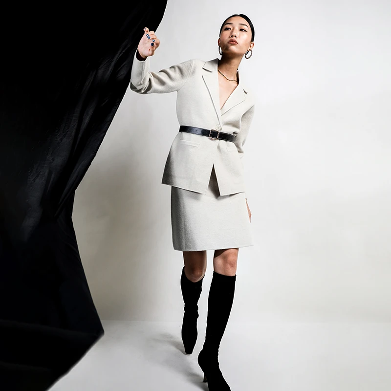 BYMEI限量纱纺羊毛传承经典针织小西装半身裙秋冬套装