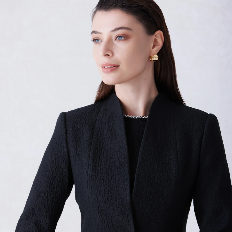 黑色羊毛混纺提花无领百搭女士小外套