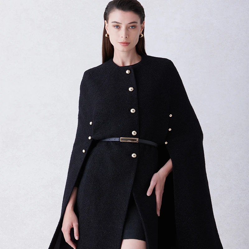 女王战袍气场斗篷重工黑色羊毛混纺玫瑰金扣子霸气秋冬外套