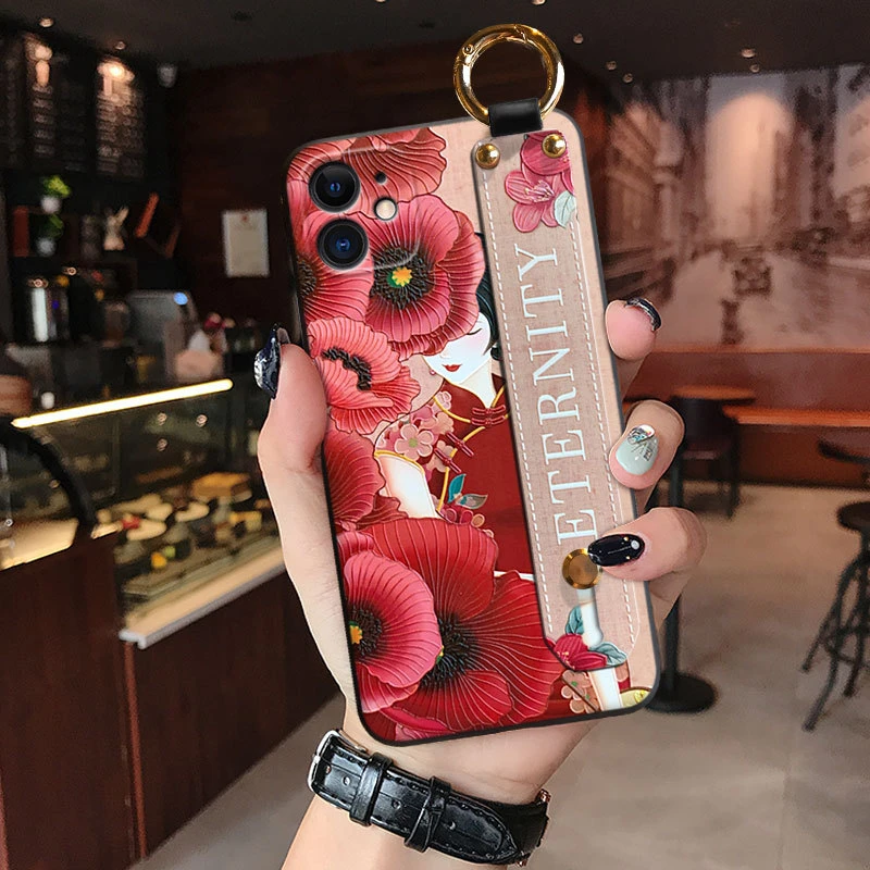 适用苹果14手机壳浮雕国风iPhone13腕带网红华为支架硅胶防摔软壳