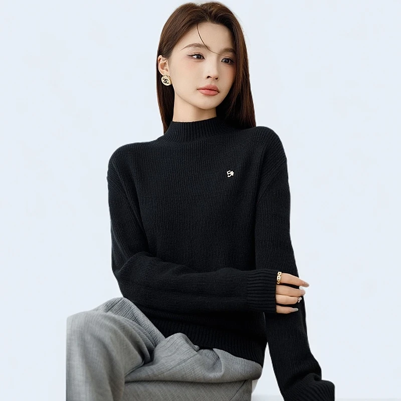 精纺羊毛衫新款正品极简风通勤圆领半高领绵羊毛套头气质洋气百搭