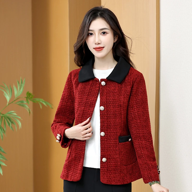 妈妈春装外套2024新款小香风开衫中老年女装本命年红色春秋季上衣