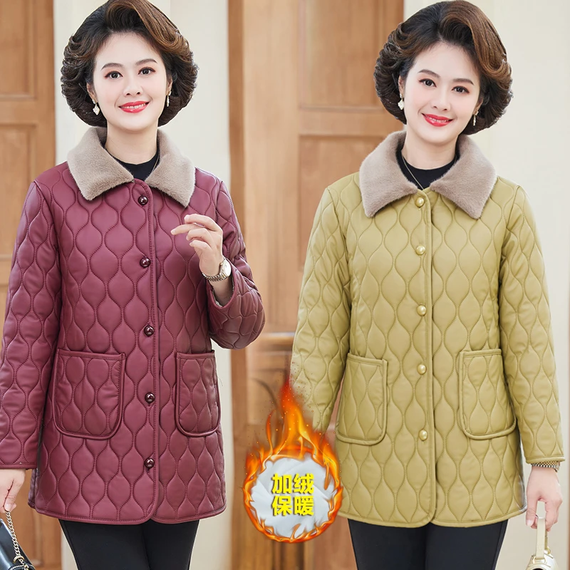 中老年女装加绒加厚棉衣外套中年妈妈秋冬新款大码中长款保暖棉服
