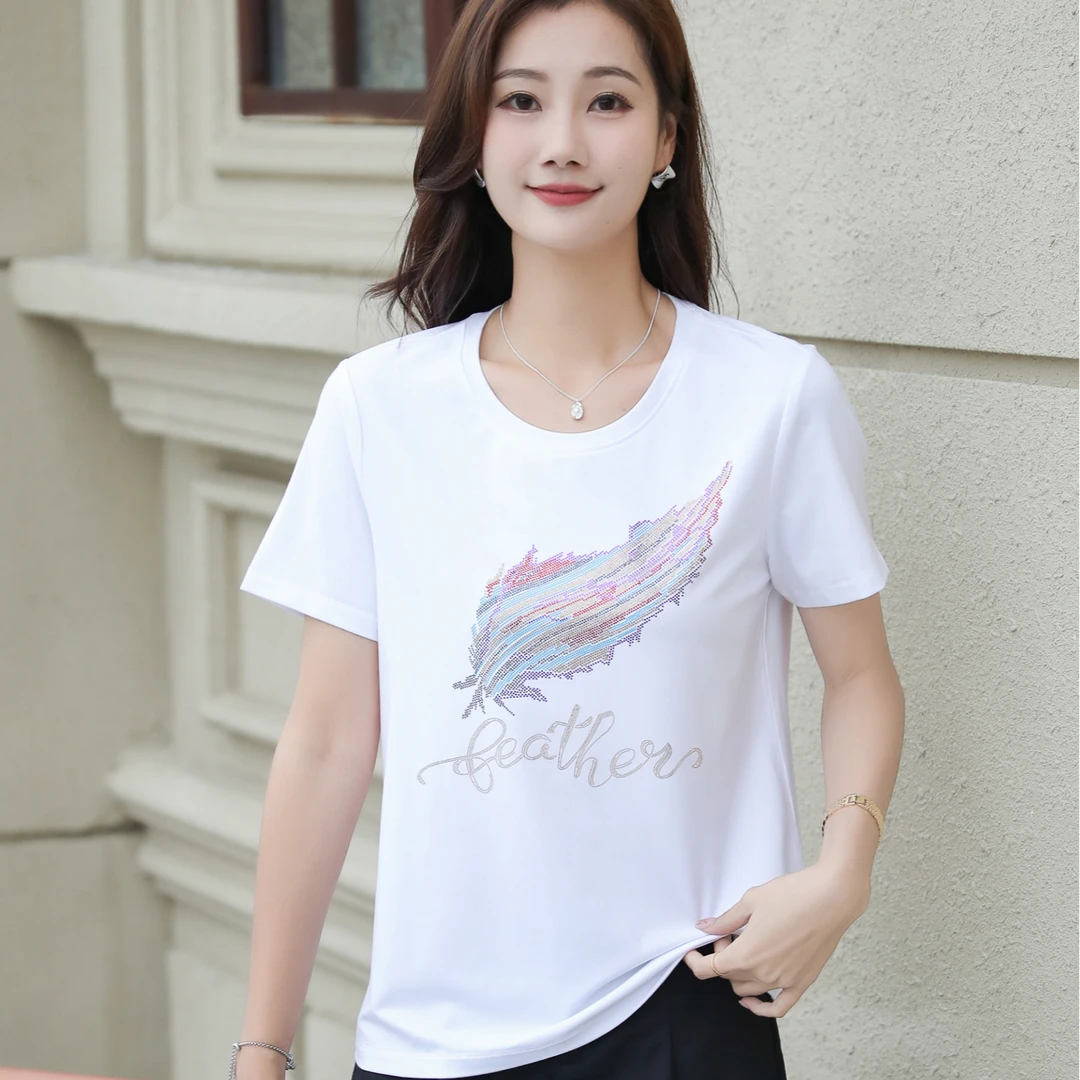 怡特美【羽毛】夏季防紫外线冰感比特棉时尚烫钻圆领短袖T恤T5803