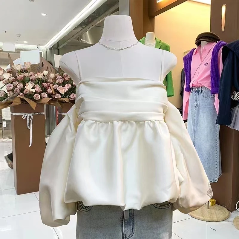 〖小游精选〗设计感一字肩露背五分袖宽松气质纯欲抹胸吊带上衣