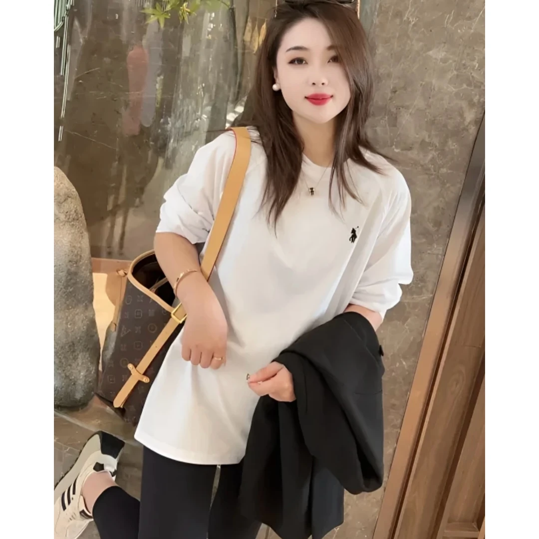秋季刺绣插肩设计感宽松显瘦开叉圆领中长款长袖T恤小众打底衣女