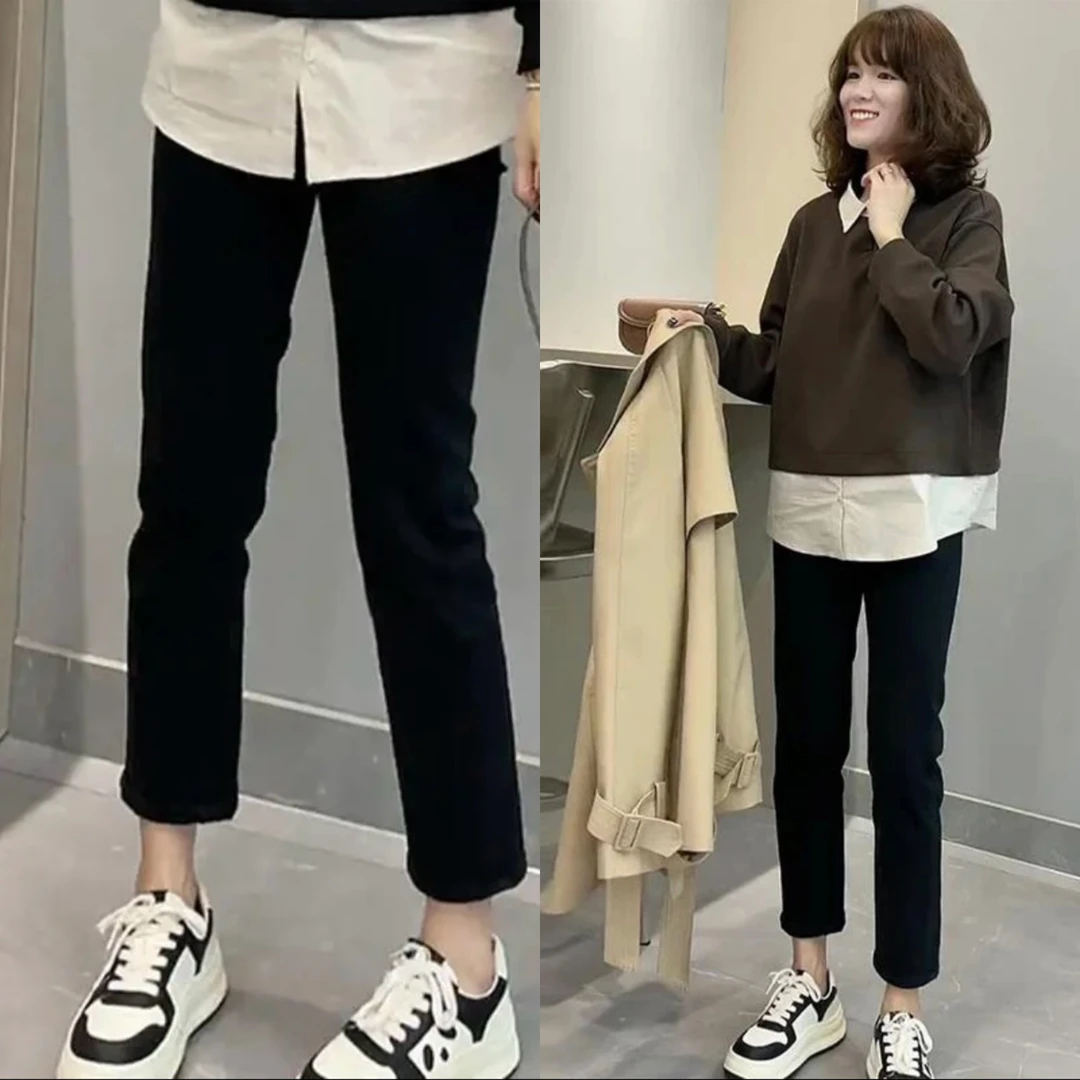 春秋欧货黑色弹力九分烟管烟管裤子女韩版洋气高腰修身显瘦直筒裤