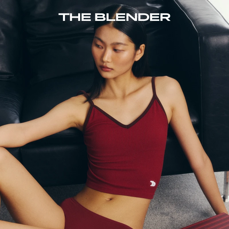 The Blender撞色罗纹V领bra in吊带胸垫红色背心无缝针织