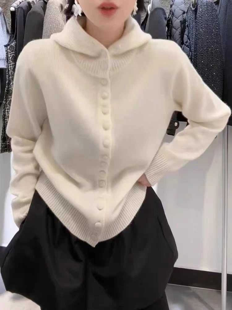 韩版慵懒风高领连帽毛衣开衫女2024冬季时尚休闲慵懒风打底针织衫