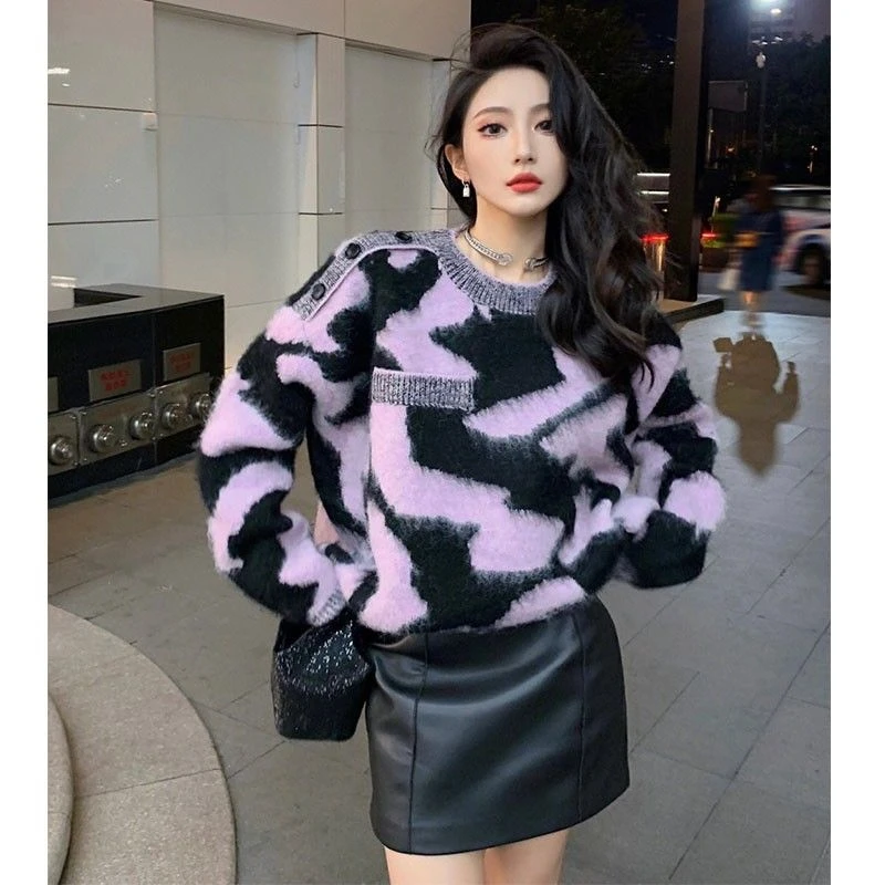 条纹撞色圆领套头毛衣女秋冬季2025年新款宽松加厚针织上衣外套