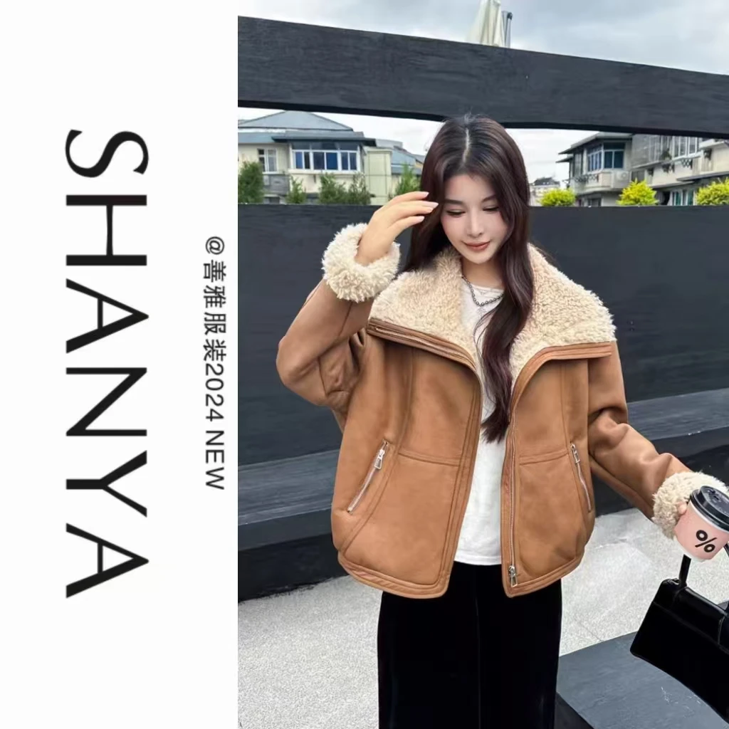 韩版显瘦宽松翻领皮毛一体法式高级羊羔毛绒外套短款加绒上衣3285