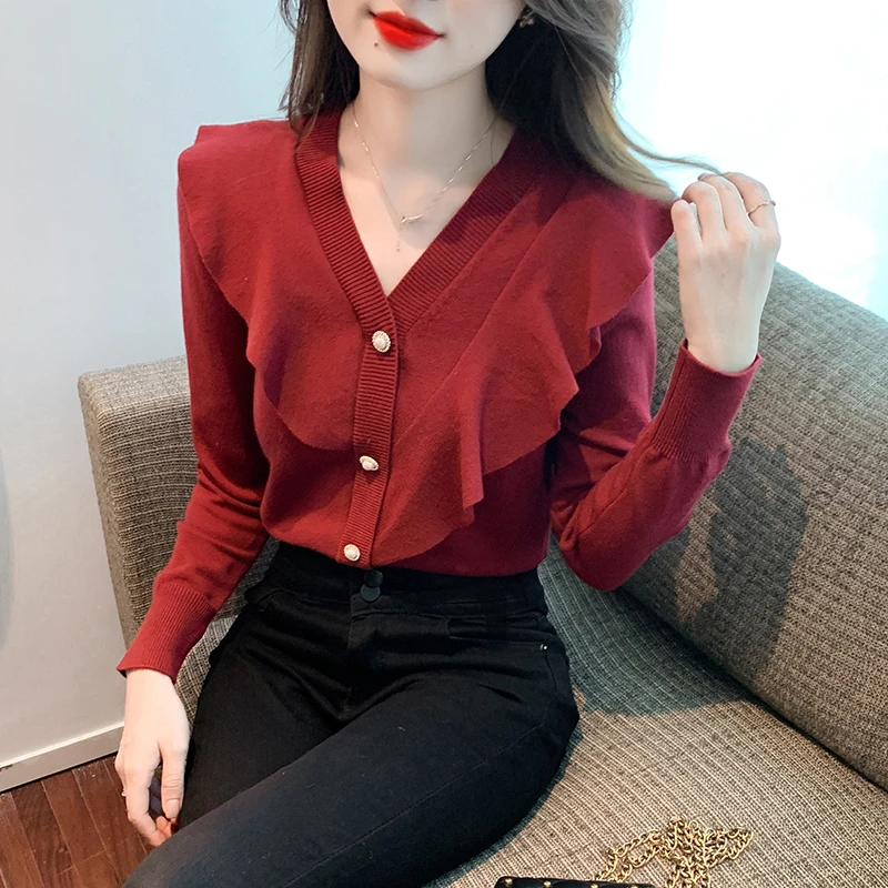 红色针织衫上衣女百搭小香风v领木耳边内搭打底毛衣显瘦修身通勤