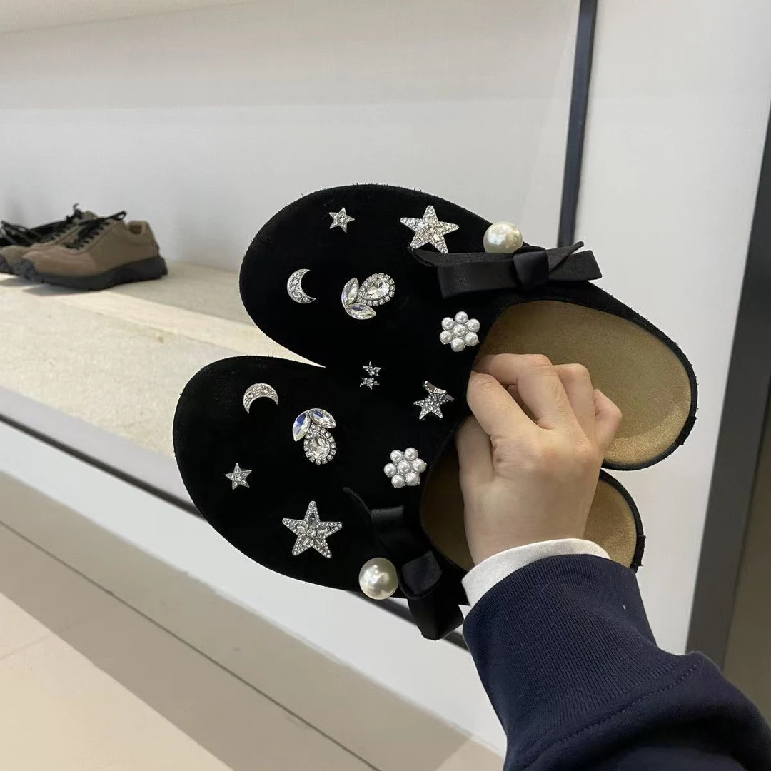 包头拖鞋2024秋季新款平底外穿一脚蹬水钻博肯厚底半拖鞋女