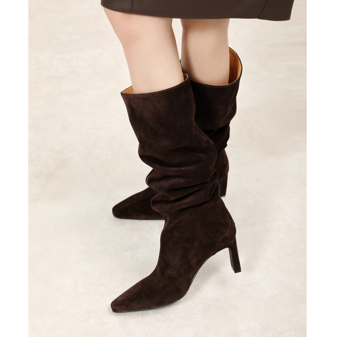 InkingPot彭姐 方头细跟不过膝堆堆长靴女绒面长筒高筒靴子冬季新