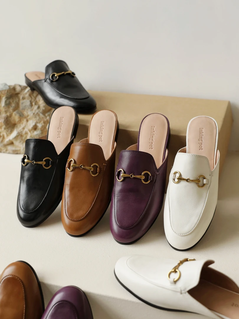 InkingPot彭姐 升级版马皮马衔扣包头舒服穆勒拖鞋女平跟圆头