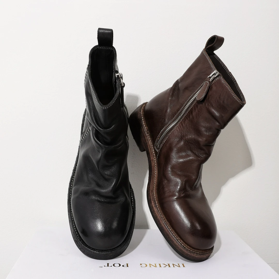 InkingPot彭姐 重工水洗马皮皱皱短靴女圆头厚底侧拉链马丁靴秋冬