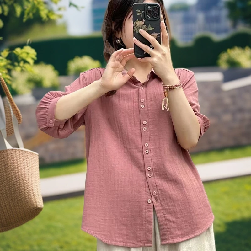 透气夏季薄款五分袖衬衫双层棉纱 文艺衬衣中袖女显瘦休闲百搭