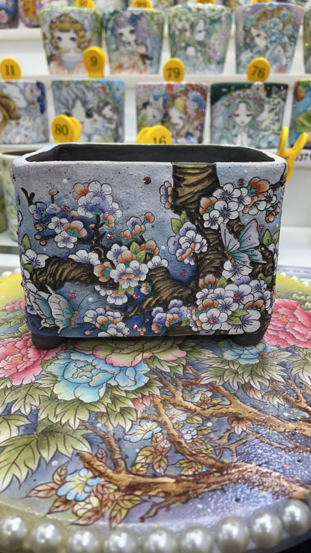 多彩的精工花盆、内口径长14、宽内口径11.3、高11