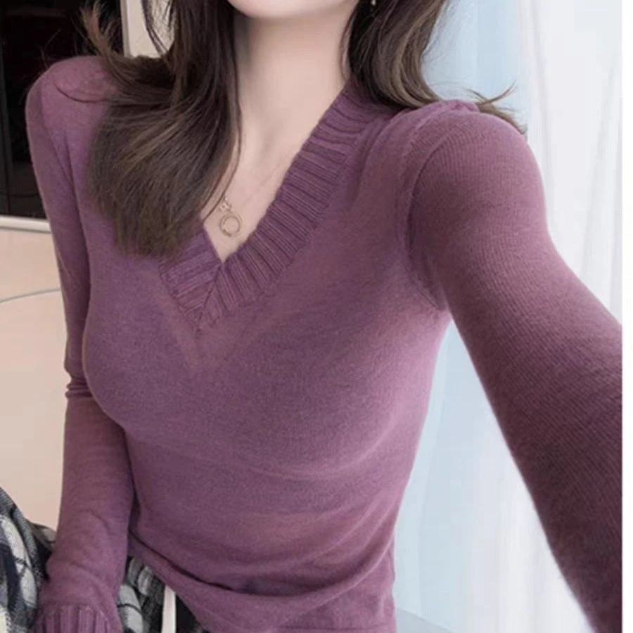 冬季新款V领纯色百搭修身针织衫女长袖内搭洋气打底衫秋冬上衣