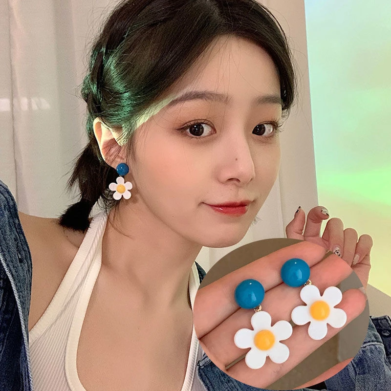 小清新蓝色花朵耳钉气质ins风耳环女韩国2023年新款网红百搭耳饰