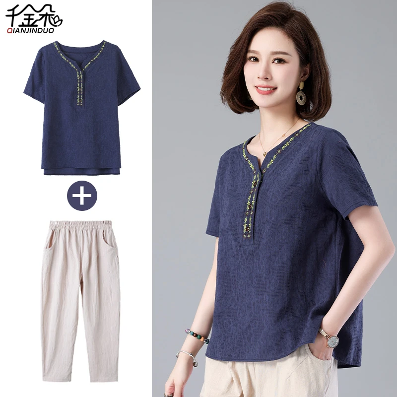 中年妈妈夏装短袖T恤洋气时尚套装2024新款40岁中老年棉麻衬衫女