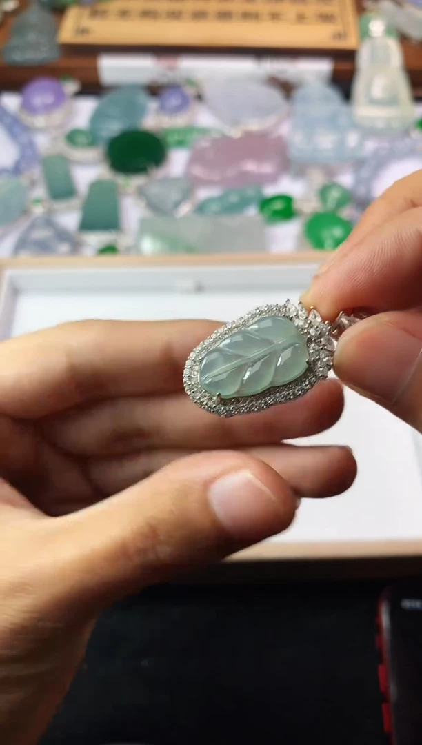 【闪购商品】定制翡翠银S925镶嵌4076-银镶叶子
