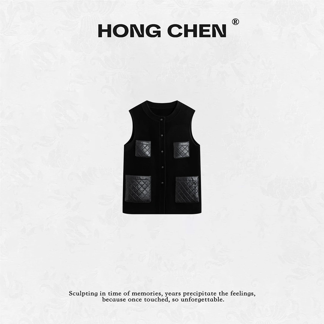 【虹辰】高端进口羊毛定制百搭菱格羊皮口袋高级感盘扣马夹--HC2120