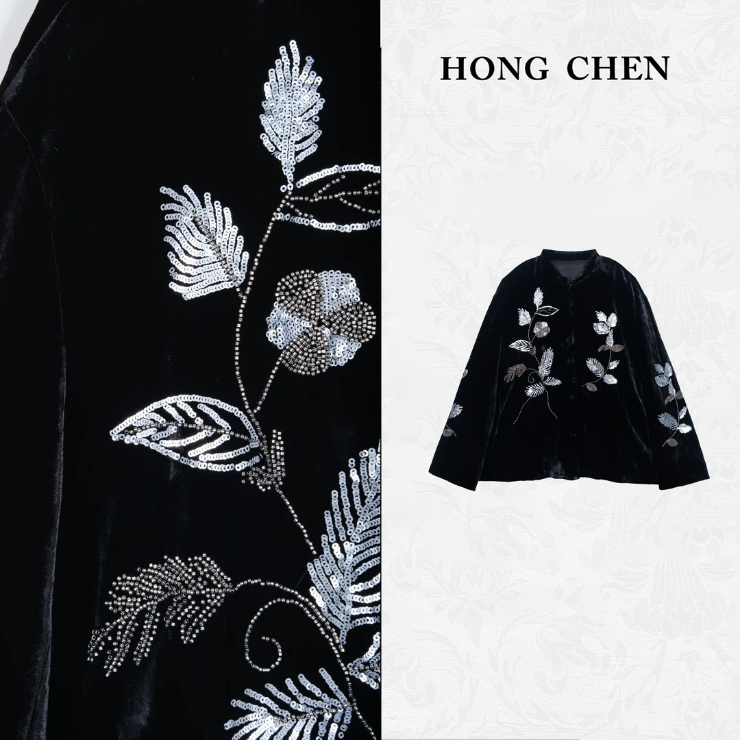 【虹辰·重工桑蚕丝绒】高端时尚优雅高级感显瘦丝绒珠片外套-HC1723