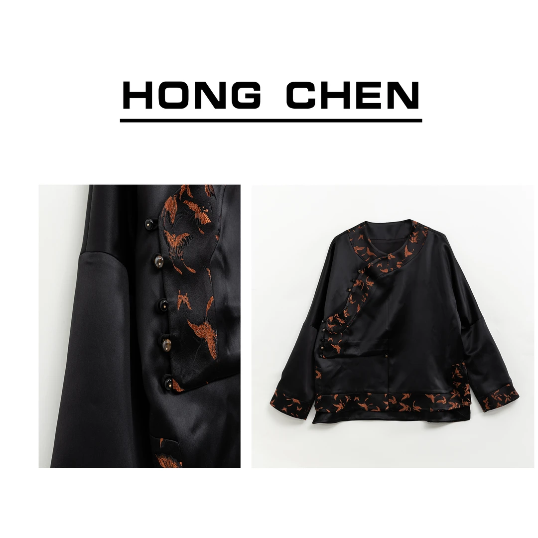 【虹辰】高端织锦桑蚕丝鎏金蝴蝶水光锻高级感气质时尚上衣-HC833