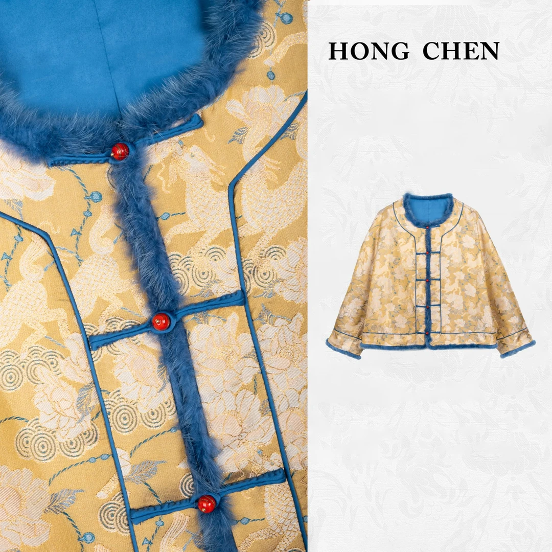 【虹辰·麒麟牡丹宋锦棉衣】高端桑蚕丝织金水貂毛高级3M棉服-HC2029