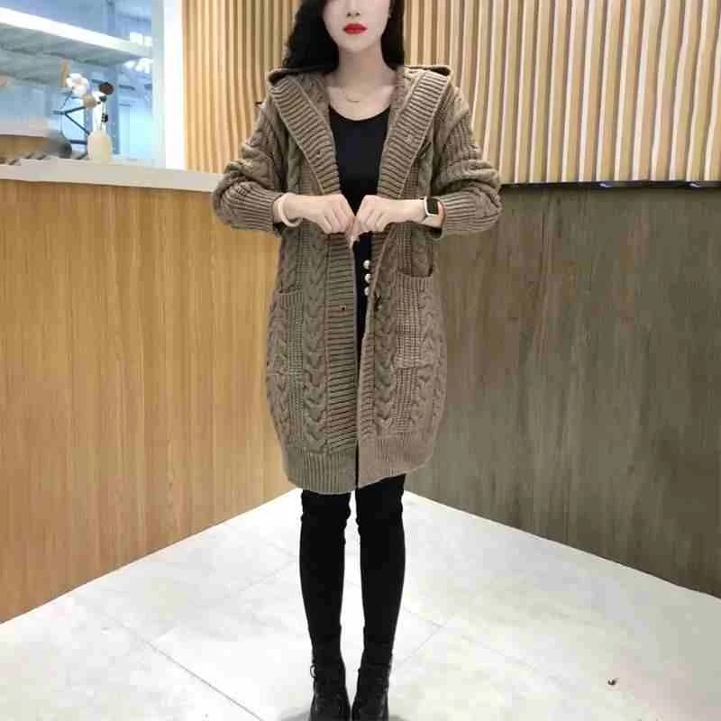 新款小个子开衫女连帽加厚针织宽松上衣秋冬中长款大码妈妈装外套