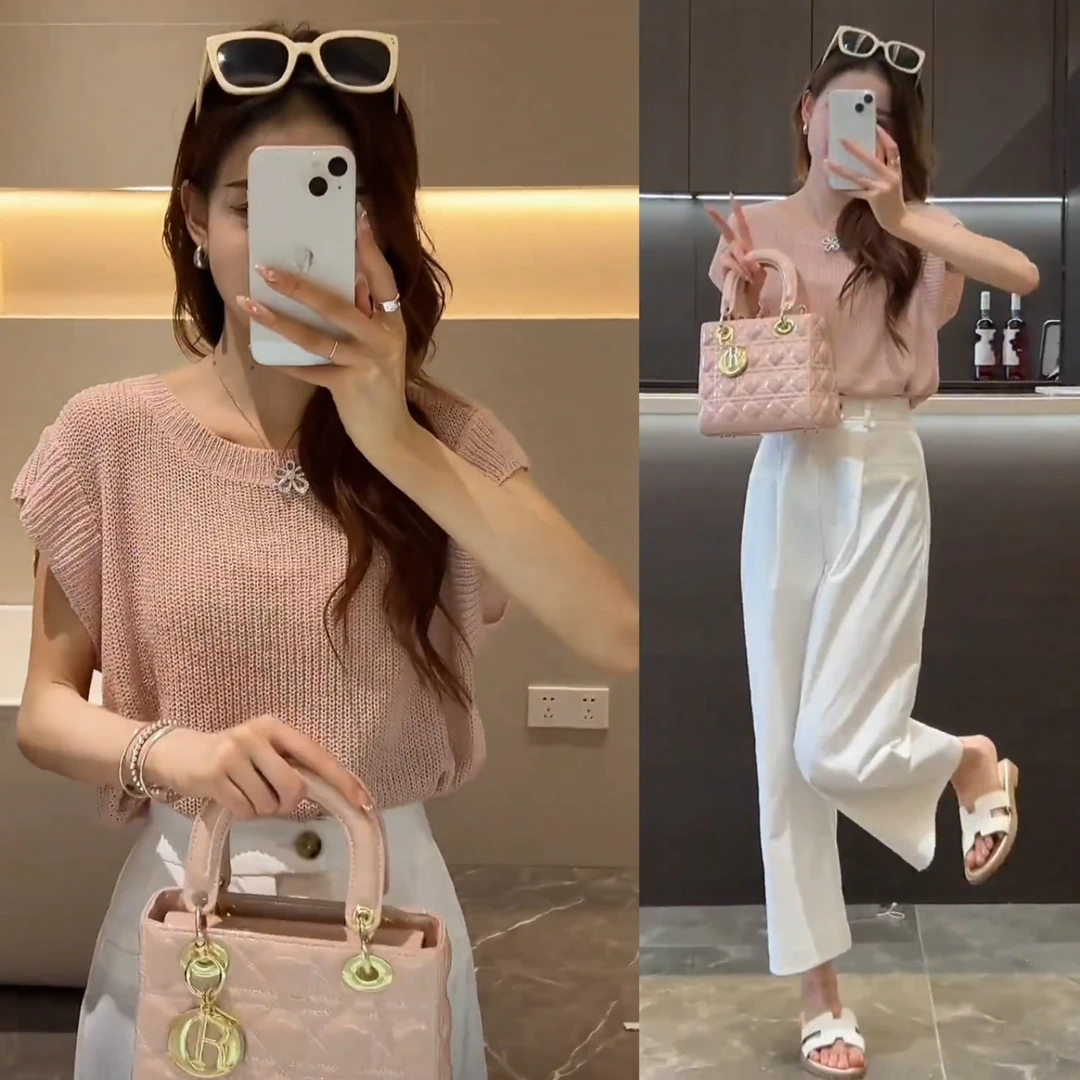 2024年夏季新款设计师纯色百搭T恤+高腰薄款松紧腰九分显瘦直筒裤