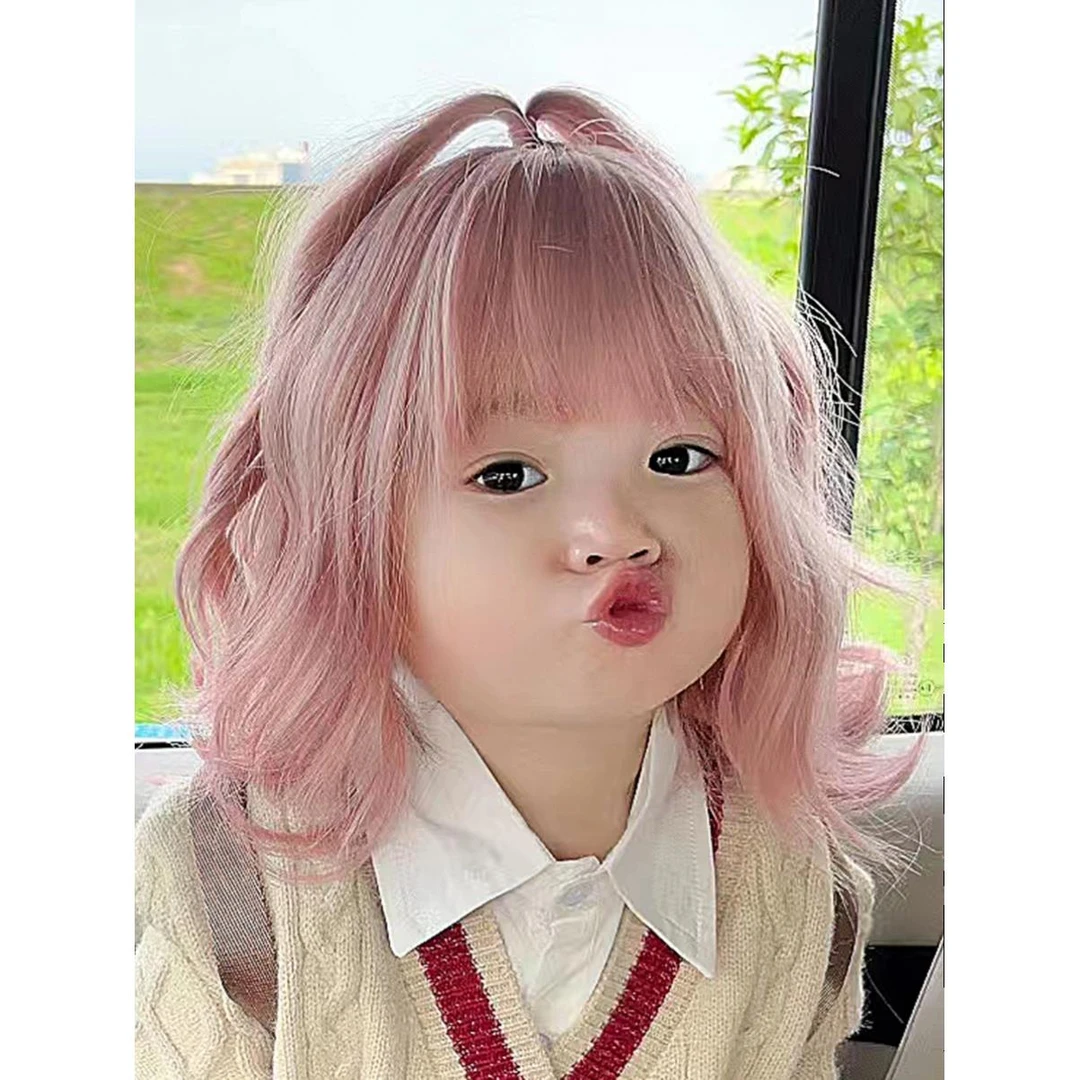 儿童假发女短卷发可爱短款羊毛卷宝宝表演粉色发套自然仿真全头套