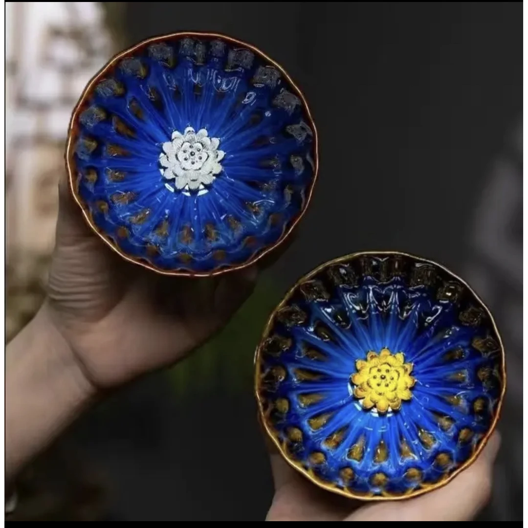 对杯金银莲花C 水波纹 两只装 高端茶器 全手工杯 精美 莲花 中式