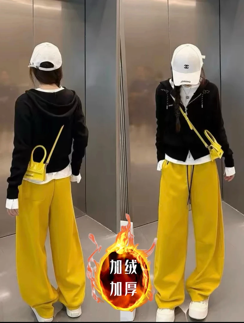 秋冬设计感小马刺绣百搭加绒休闲弯刀裤女纯色阔腿裤显瘦阔腿裤