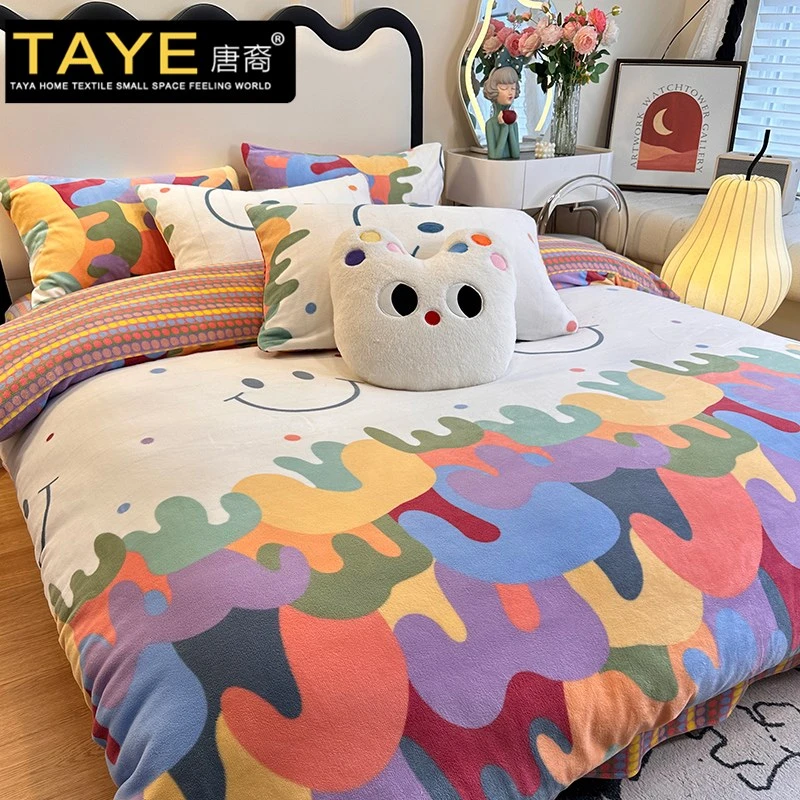 卡通双面牛奶绒床上四件套冬季加厚被套床单珊瑚绒单人床笠三件套