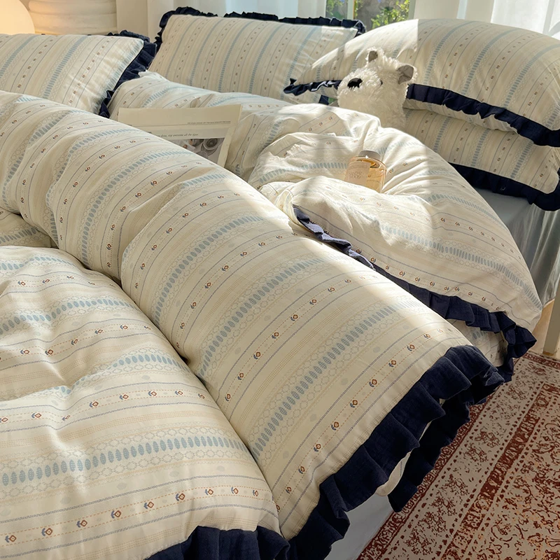 春季皱皱纱全棉花边床上四件套纯棉小碎花学生宿舍被套床单三件套