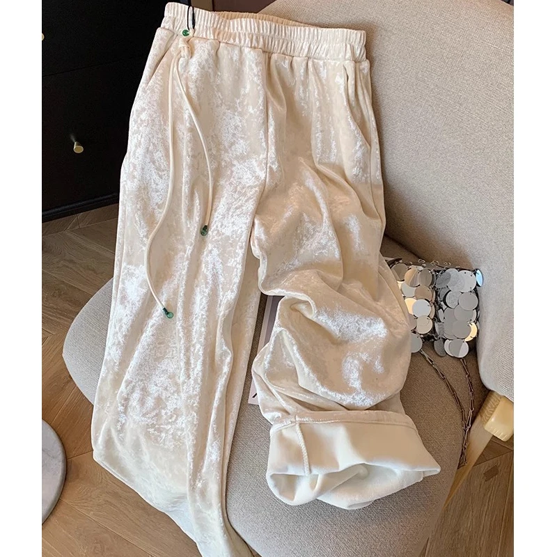 新中式国风丝绒阔腿裤女2025秋季新款宽松高腰直筒显瘦闲裤长裤子