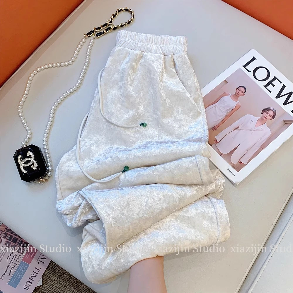 秋冬新款新中式百搭直筒阔腿裤宽松加绒丝绒垂感显瘦休闲长裤女