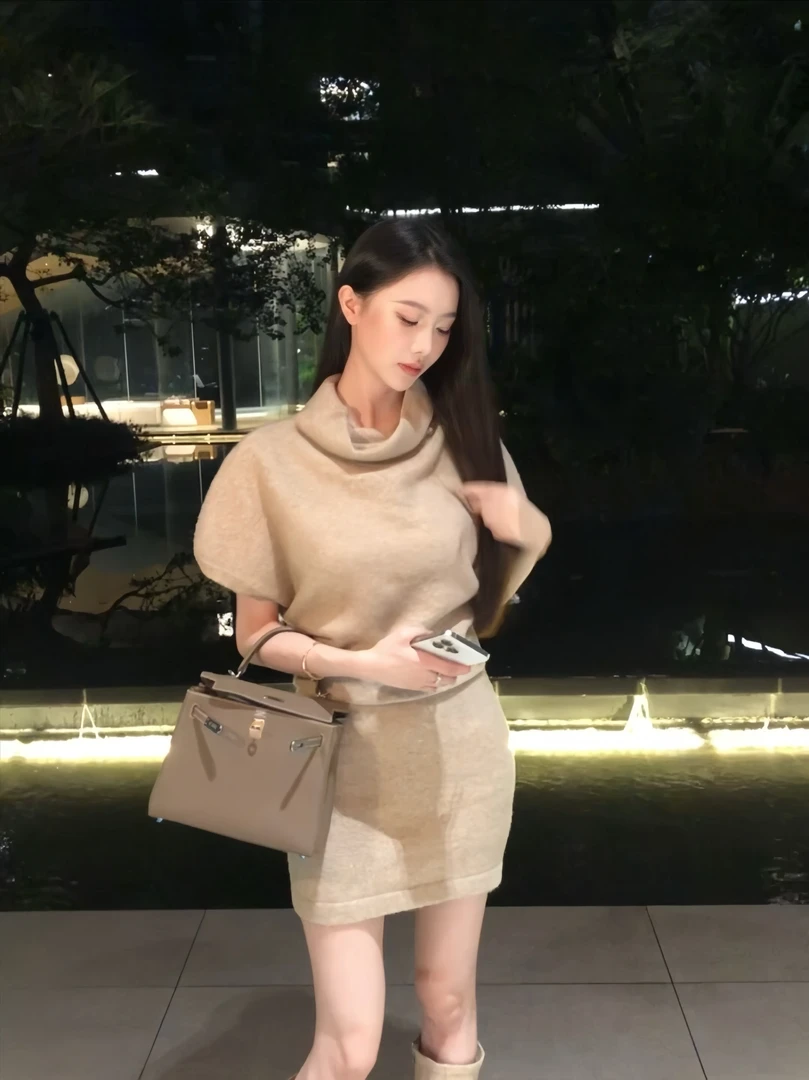 OXNA 羊毛韩版奶轻奢白色荡领单穿设计师内搭连衣裙9888
