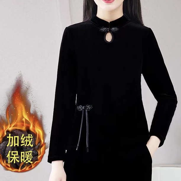 水滴领盘扣金丝绒加绒加厚复古显瘦大码小衫女妈妈上衣