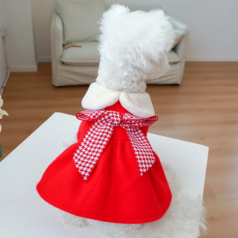 新品~狗狗衣服秋冬装千鸟格蝴蝶结公主裙泰迪比熊博美小型犬