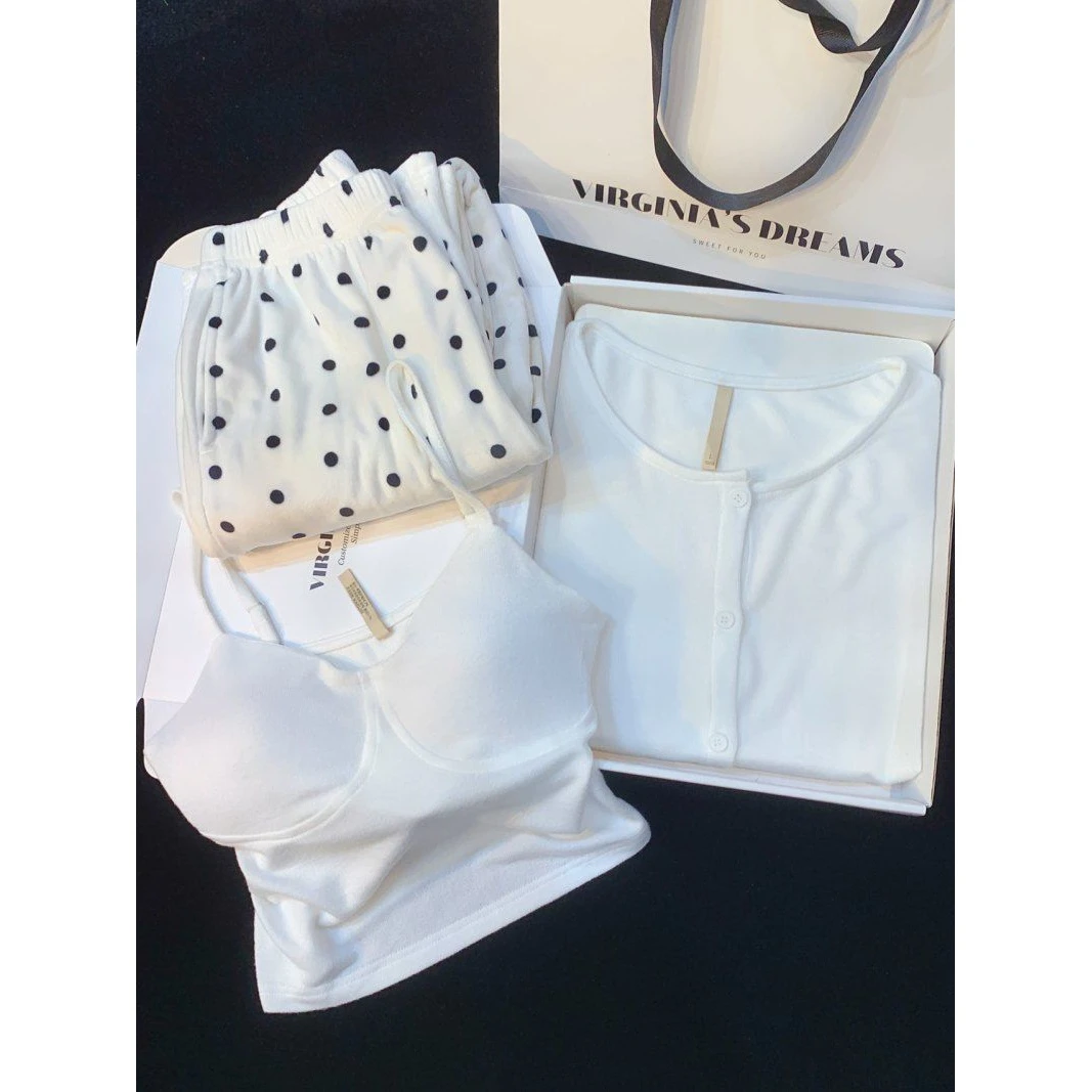 海岛绒睡衣女春秋三件套长袖长裤带胸垫2023年吊带家居服套装秋冬